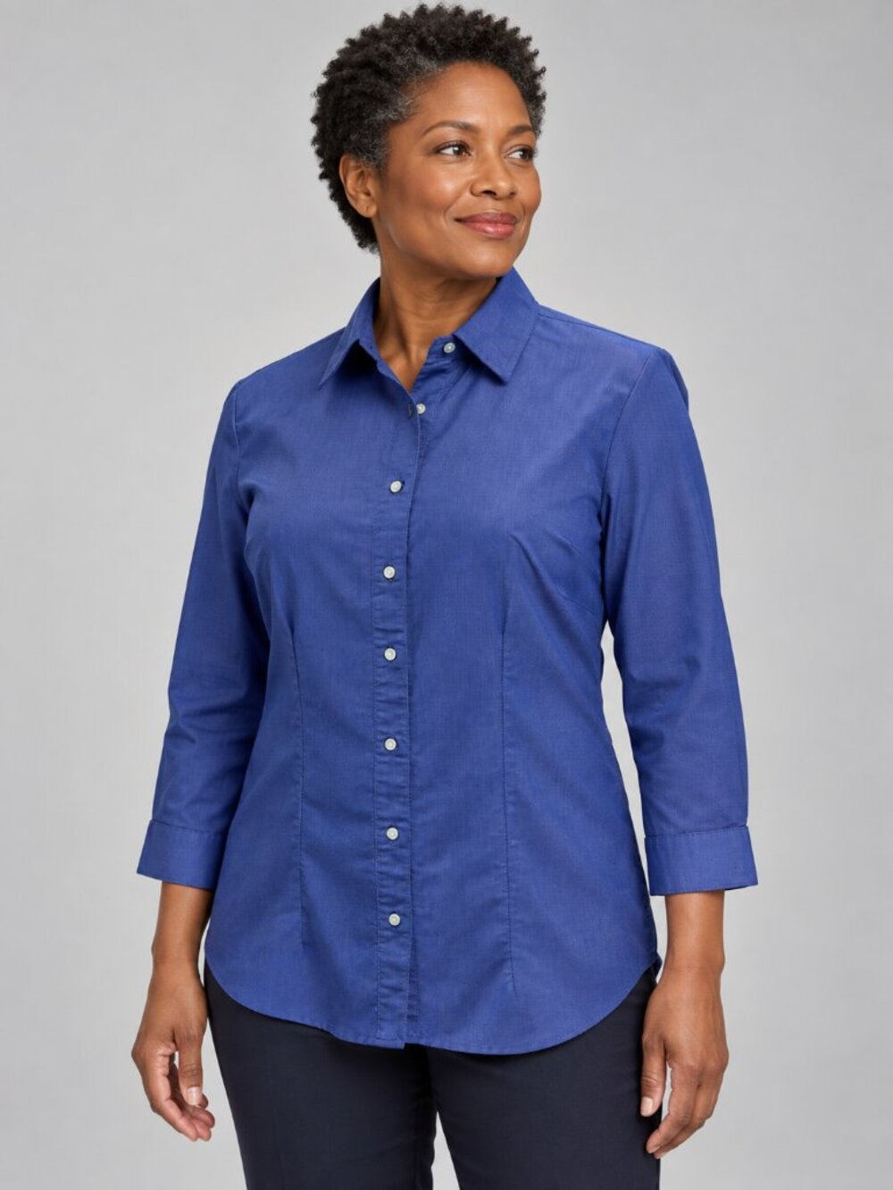 Lands' End Blue Oxford Button Down Shirt Women's 8 3/4 Sleeve Preppy Style